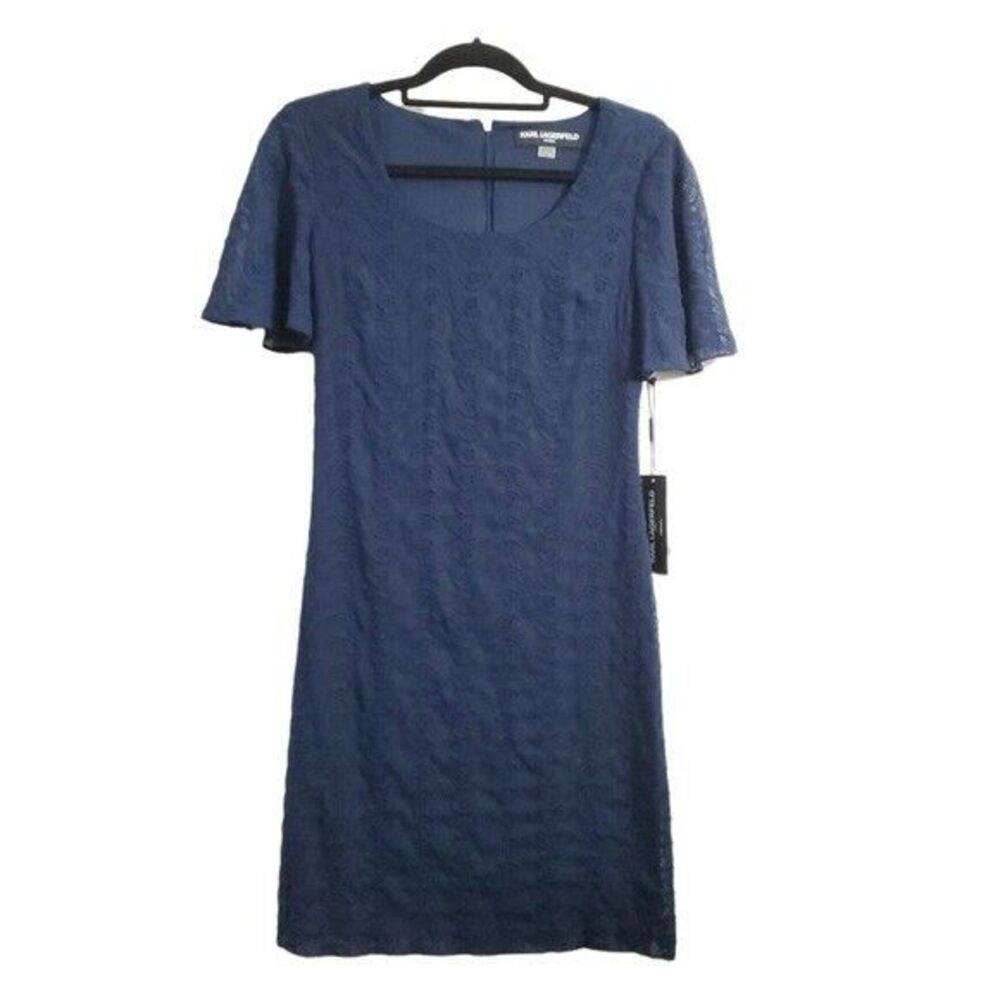 Karl Lagerfeld Navy Blue Sheath Dress Embroidered Eyelet Short flutter Sleeve 0